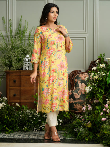 Mustard Rayon Kurta with Handwork and Bold Floral Print