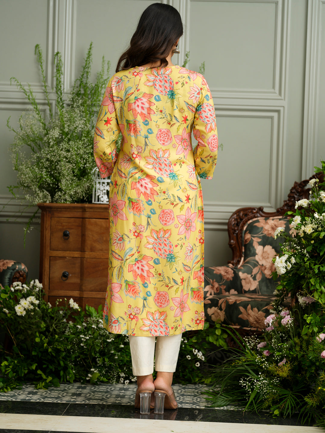 Mustard Rayon Kurta with Handwork and Bold Floral Print