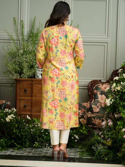 Mustard Rayon Kurta with Handwork and Bold Floral Print