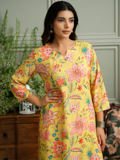 Mustard Rayon Kurta with Handwork and Bold Floral Print