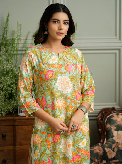 Light Green Rayon Kurta with Handwork and Floral Print