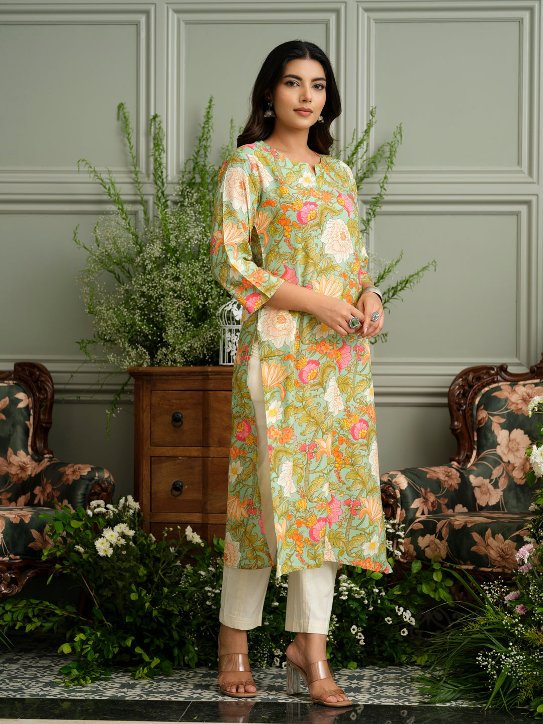 Light Green Rayon Kurta with Handwork and Floral Print