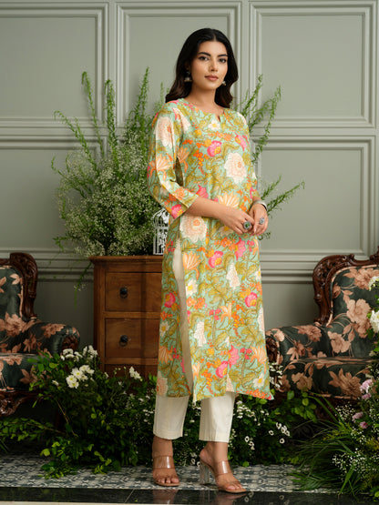 Light Green Rayon Kurta with Handwork and Floral Print