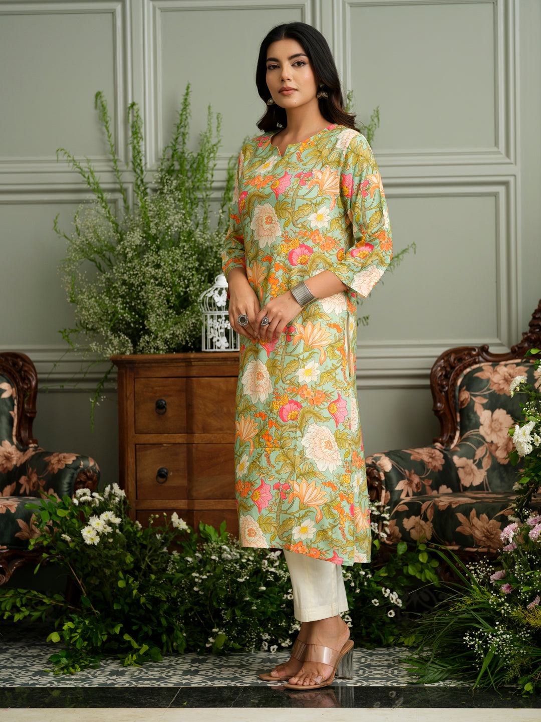 Light Green Rayon Kurta with Handwork and Floral Print