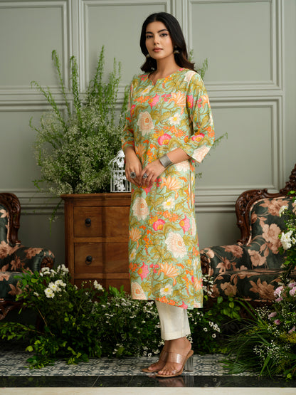 Light Green Rayon Kurta with Handwork and Floral Print