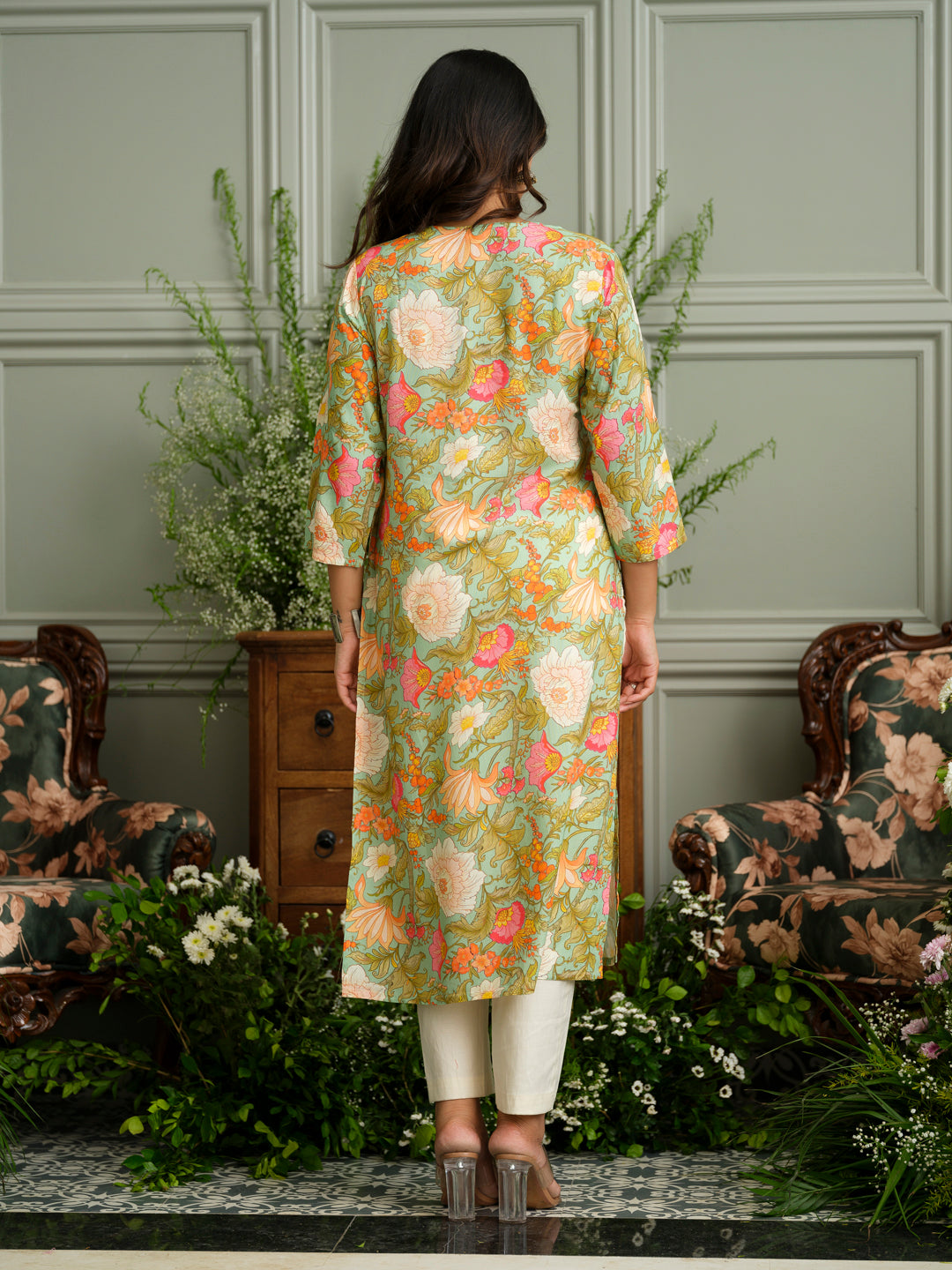 Light Green Rayon Kurta with Handwork and Floral Print