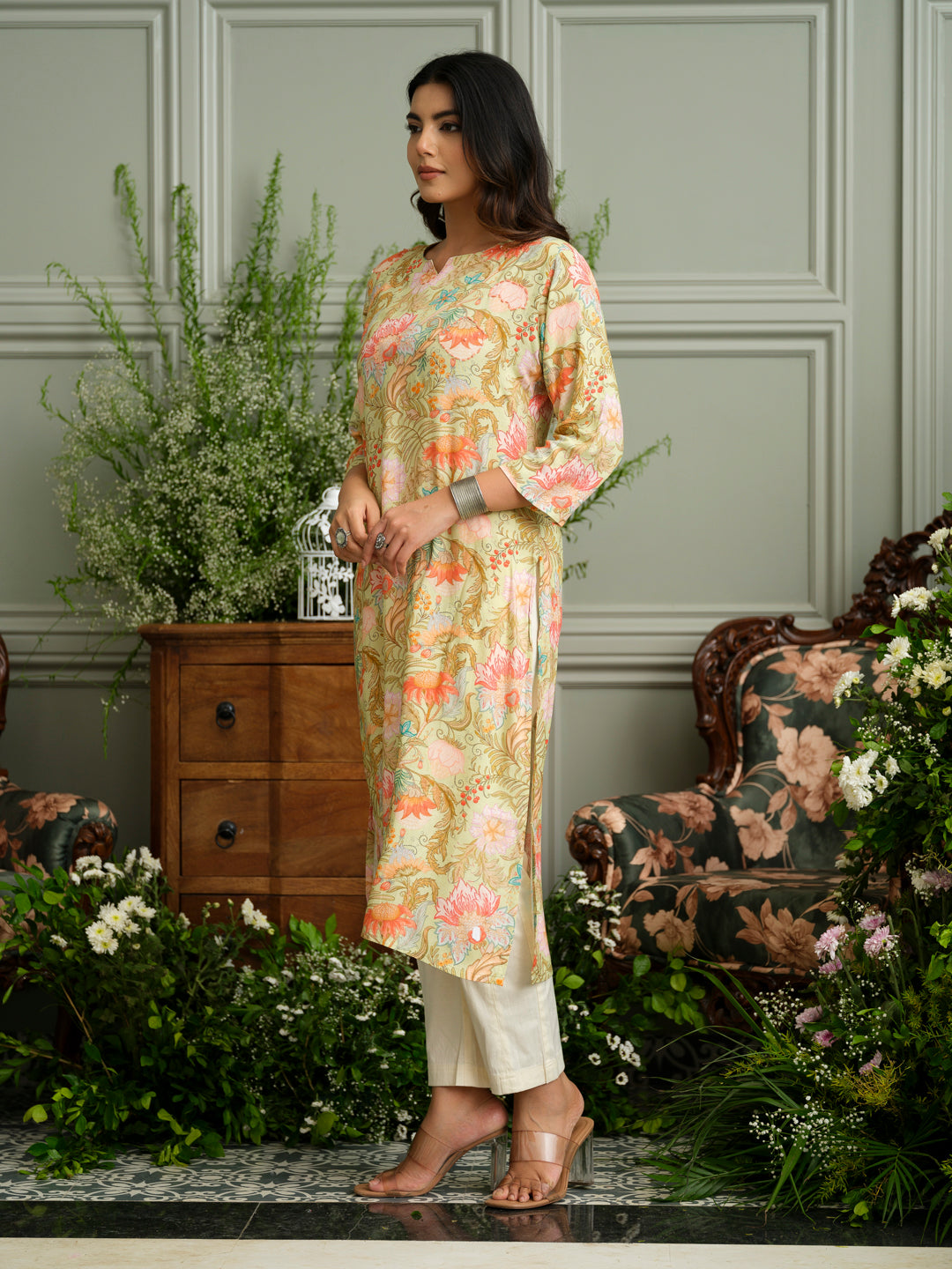Beige Floral Rayon Kurta with Delicate Handwork