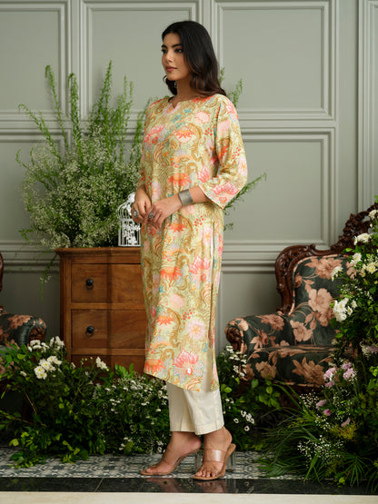Beige Floral Rayon Kurta with Delicate Handwork
