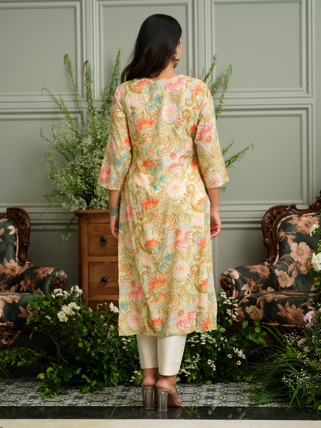 Beige Floral Rayon Kurta with Delicate Handwork