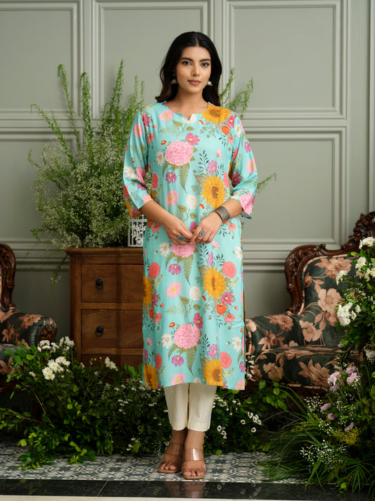 Sky Blue Rayon Kurta with Bold Floral Print & Handwork