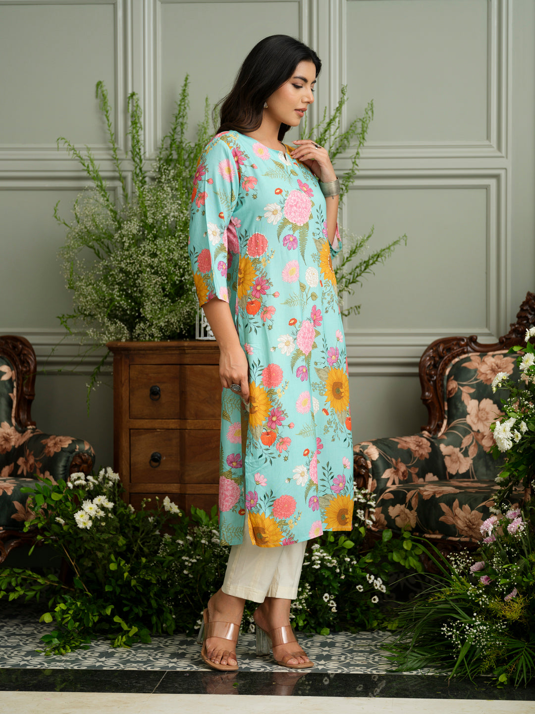 Sky Blue Rayon Kurta with Bold Floral Print & Handwork