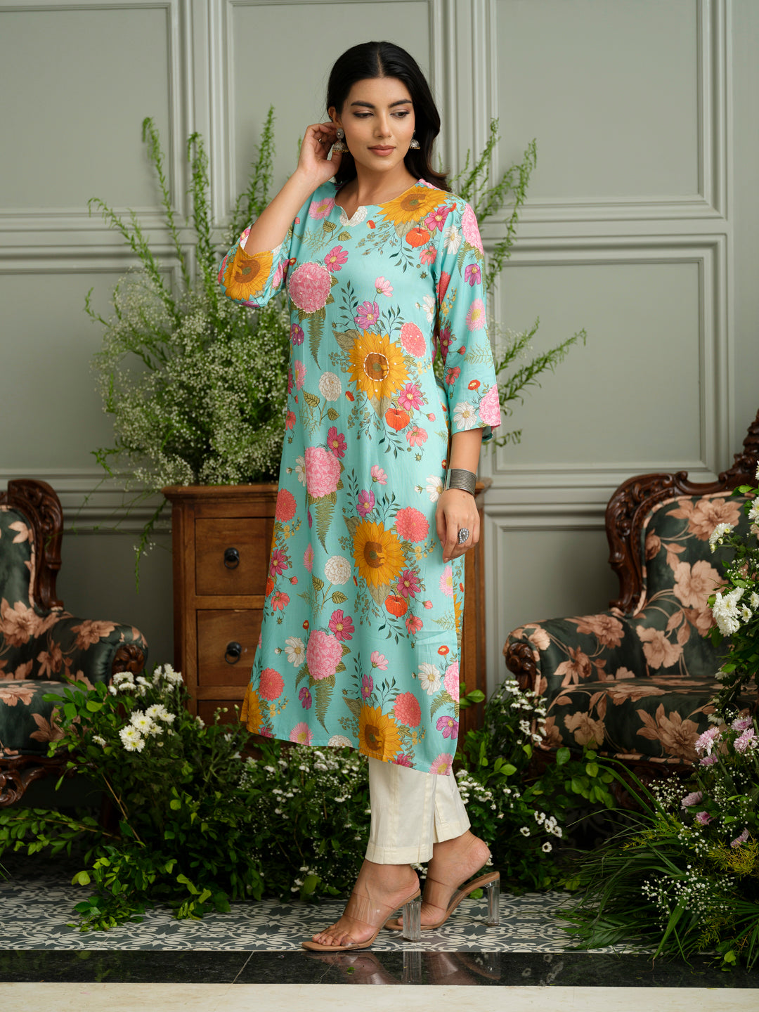 Sky Blue Rayon Kurta with Bold Floral Print & Handwork