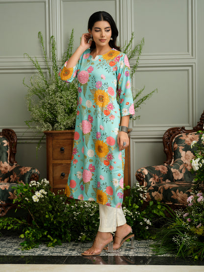 Sky Blue Rayon Kurta with Bold Floral Print & Handwork