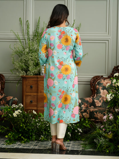 Sky Blue Rayon Kurta with Bold Floral Print & Handwork