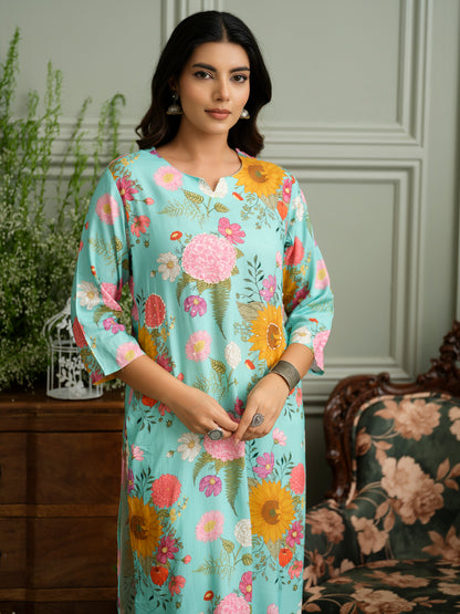 Sky Blue Rayon Kurta with Bold Floral Print & Handwork