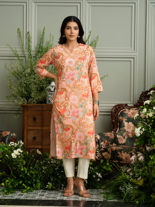 Soft Bloom Handcrafted Peach Floral Kurta in Rayon