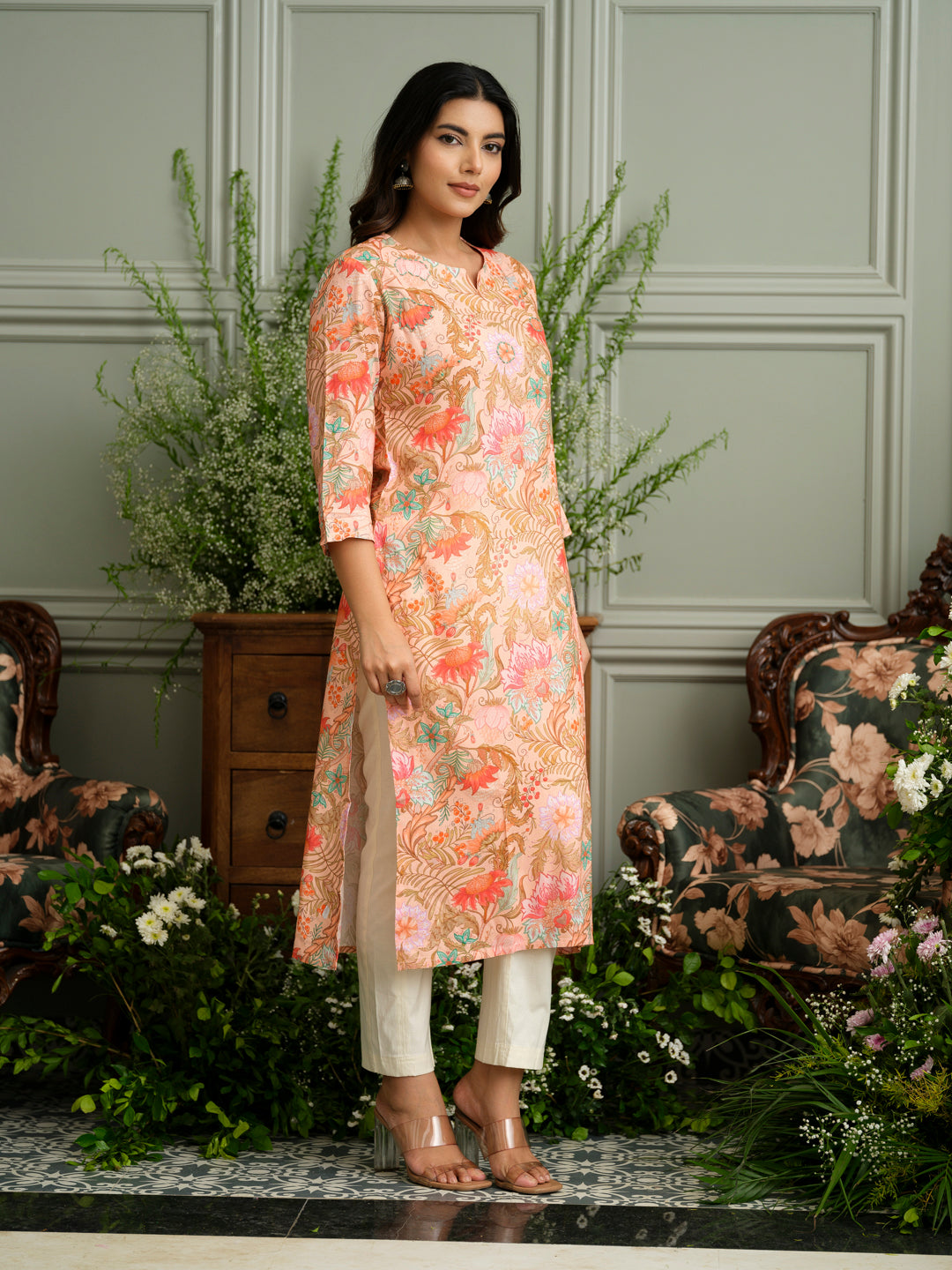 Soft Bloom Handcrafted Peach Floral Kurta in Rayon