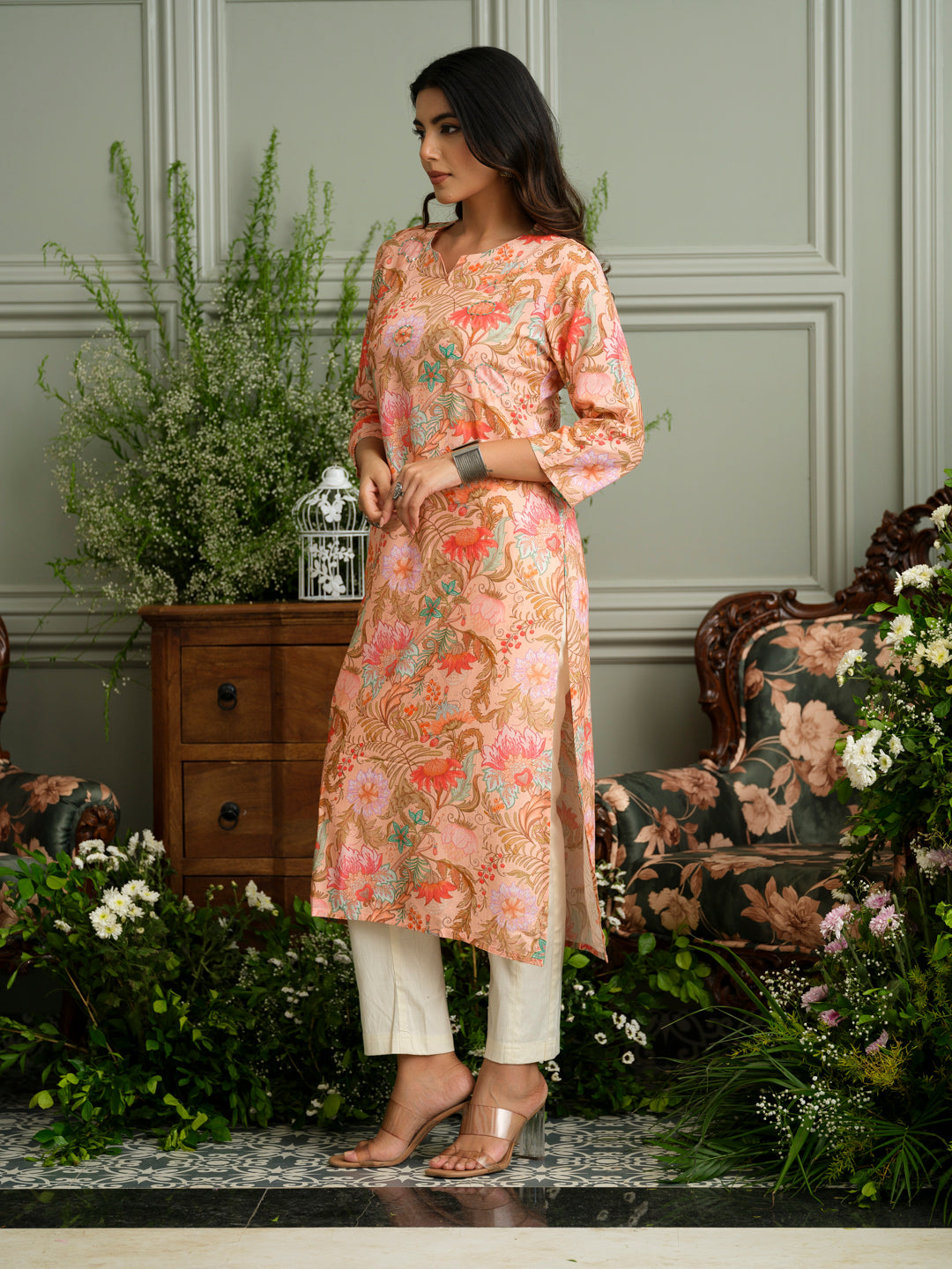 Soft Bloom Handcrafted Peach Floral Kurta in Rayon