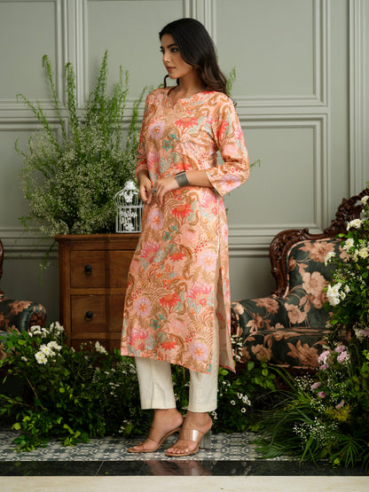 Soft Bloom Handcrafted Peach Floral Kurta in Rayon