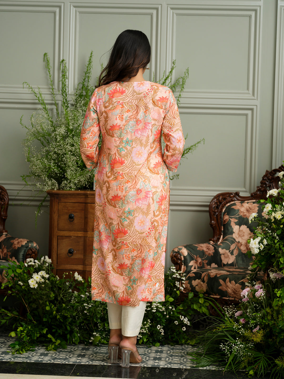 Soft Bloom Handcrafted Peach Floral Kurta in Rayon