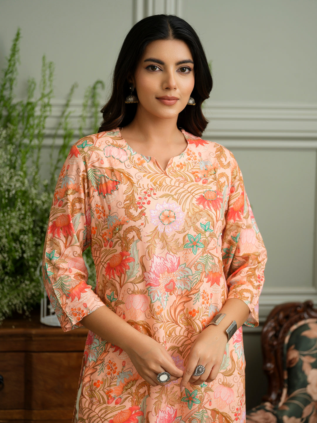 Soft Bloom Handcrafted Peach Floral Kurta in Rayon