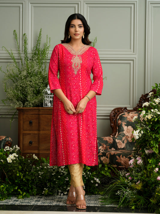 Elegant Bandhani Style Pink Kurti for Ethnic Wear