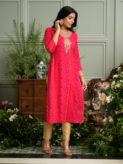 Elegant Bandhani Style Pink Kurti for Ethnic Wear