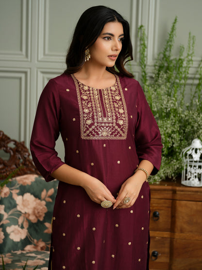 Wine Embroidered Kurta with Golden Polka Detailing and Yoke Design