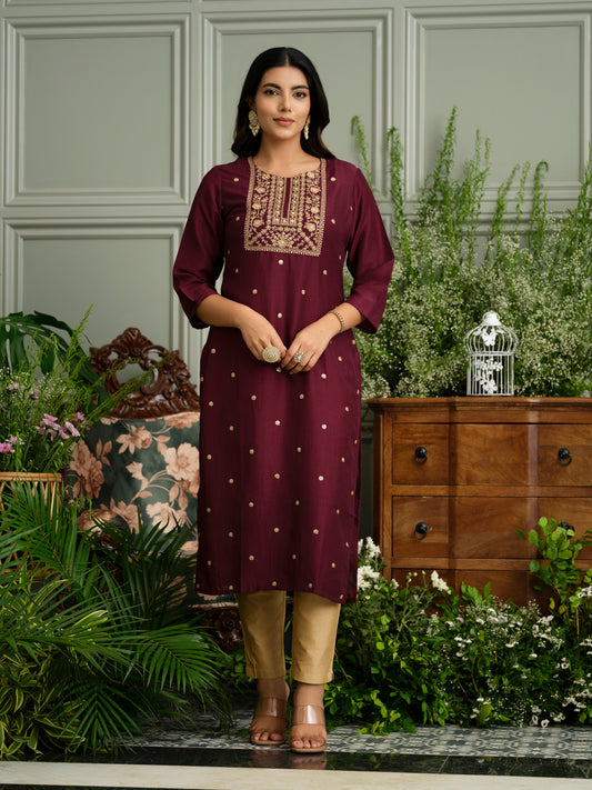 Wine Embroidered Kurta with Golden Polka Detailing and Yoke Design