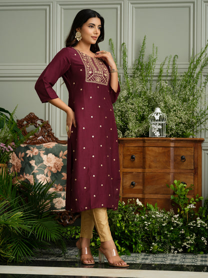 Wine Embroidered Kurta with Golden Polka Detailing and Yoke Design