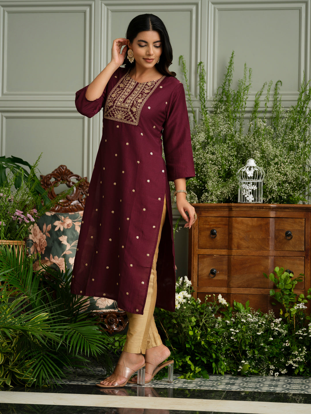 Wine Embroidered Kurta with Golden Polka Detailing and Yoke Design