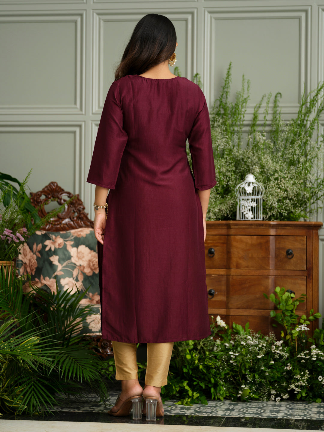 Wine Embroidered Kurta with Golden Polka Detailing and Yoke Design
