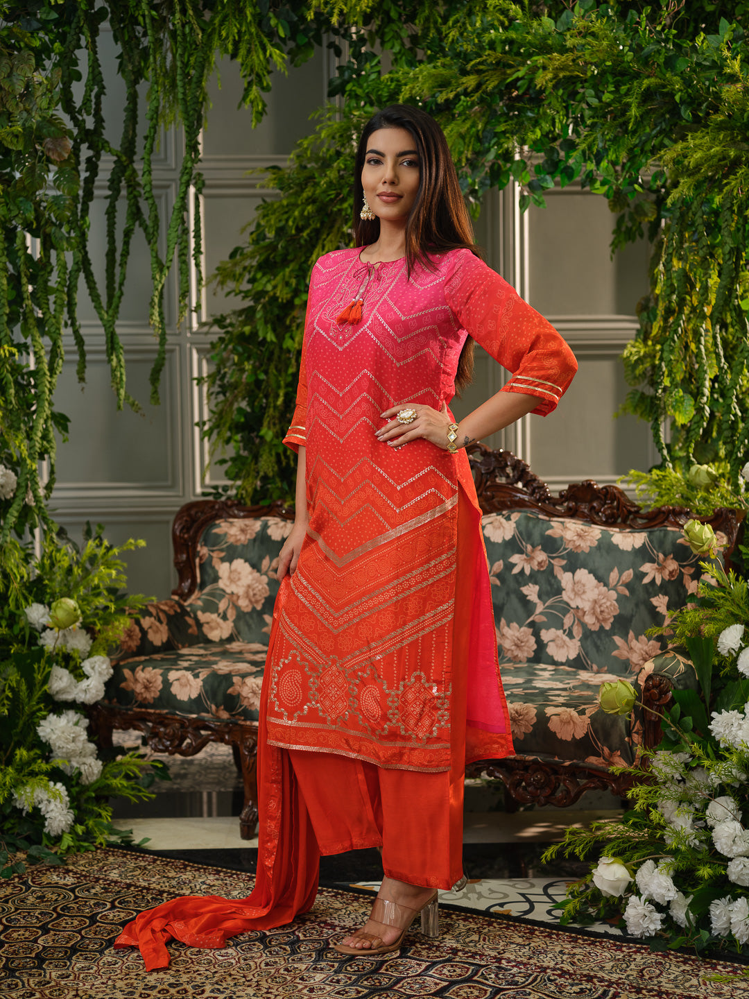 Pink Crepe Silk Handwork Kurta Set with Chiffon Dupatta