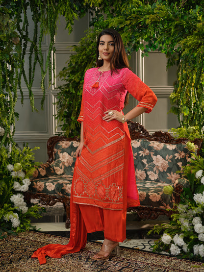 Pink Crepe Silk Handwork Kurta Set with Chiffon Dupatta