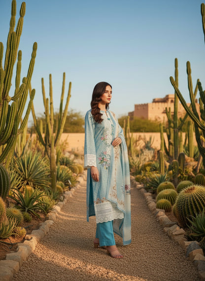 Printed Tissue V-Neck Kurta Trousers & Dupatta