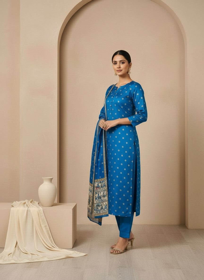 Striped V-Neck Kurta & Trousers With Dupatta