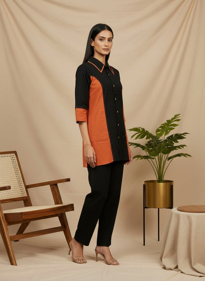 Colorblock Cotton Shirt Co-Ord Set with Contrast Collar & Panel Detailing