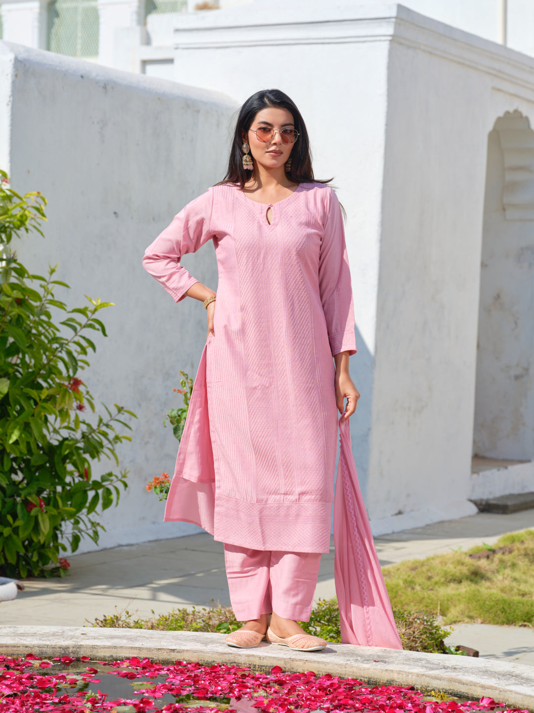 Pink Chinon Crochet Embroidered Kurta with Trousers & Nazeen Dupatta