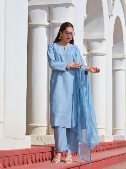 Powder Blue Chinon Crochet Embroidered Kurta with Trousers & Nazeen Dupatta