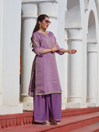 Lavender Art Silk Embroidered Kurta Set with Tabby Organza Dupatta