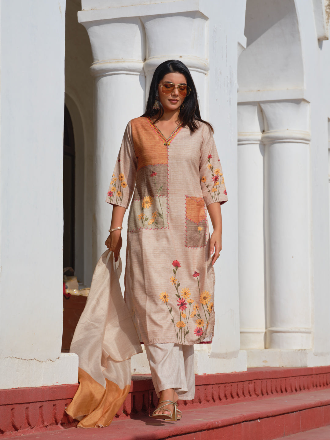 Beige Poly-Linen Embroidered 3-Piece Set