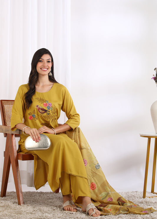 Women Mustard Rayon Embroidered Kurta Set with Digital Print Muslin Dupatta