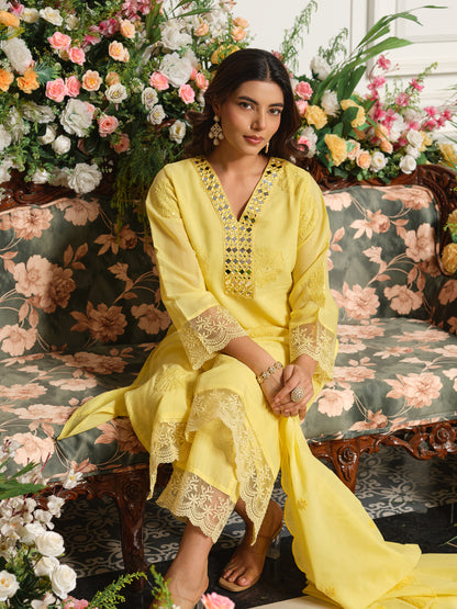 Yellow Embroidered A-Line Mal Chanderi Kurta Set with Dupatta.