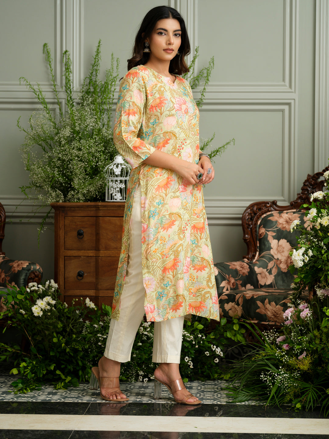 Beige Floral Rayon Kurta with Delicate Handwork
