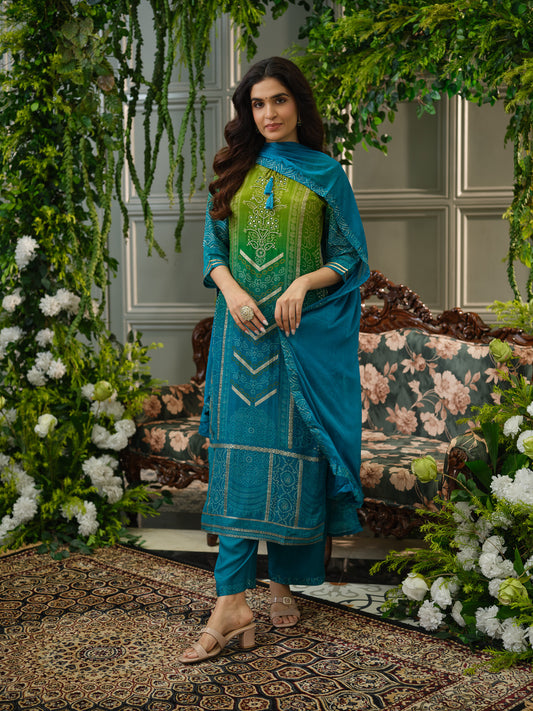 Teal & Green Crepe Silk Printed Kurta Set with Dupatta