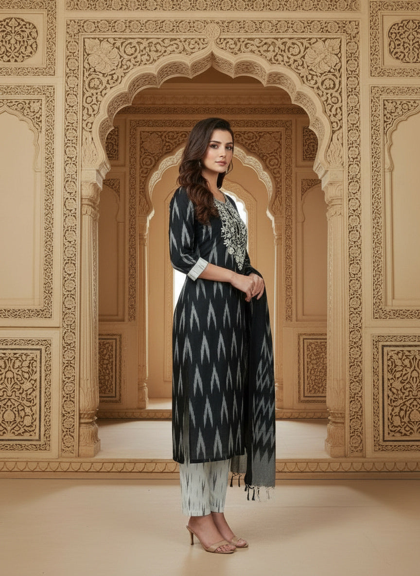 Embroidered Round Neck Straight Kurta & Trousers With Dupatta