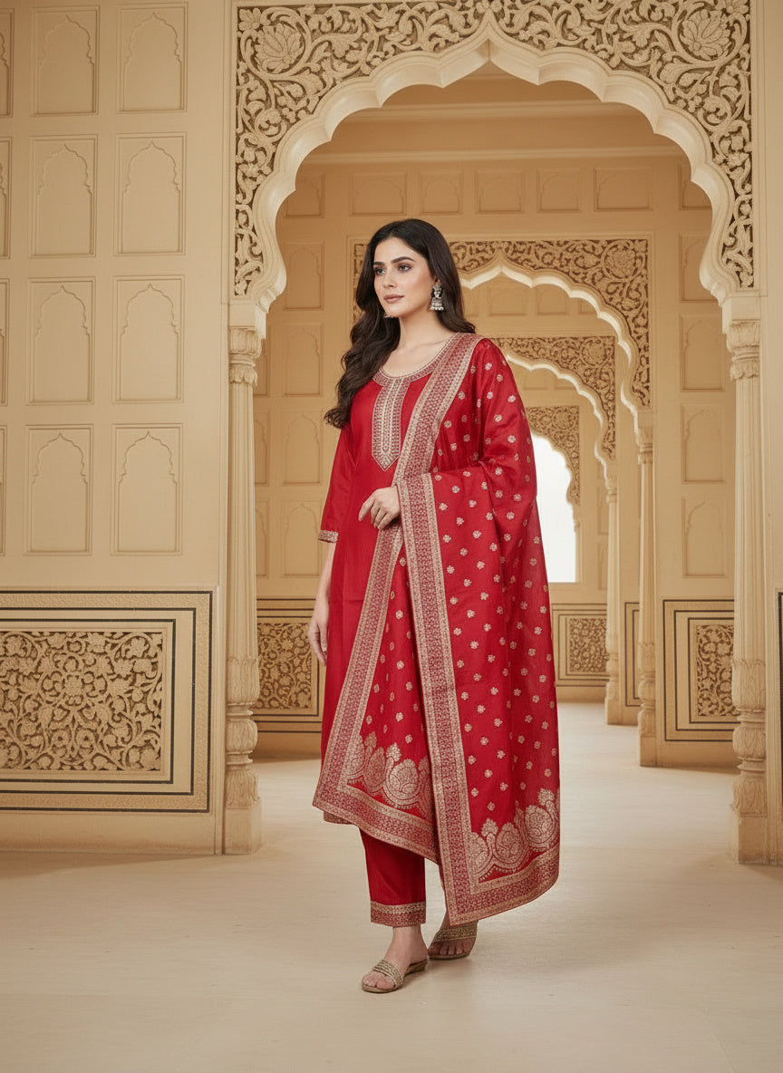Embroidered Cotton Round Neck Straight Kurta & Trousers With Dupatta