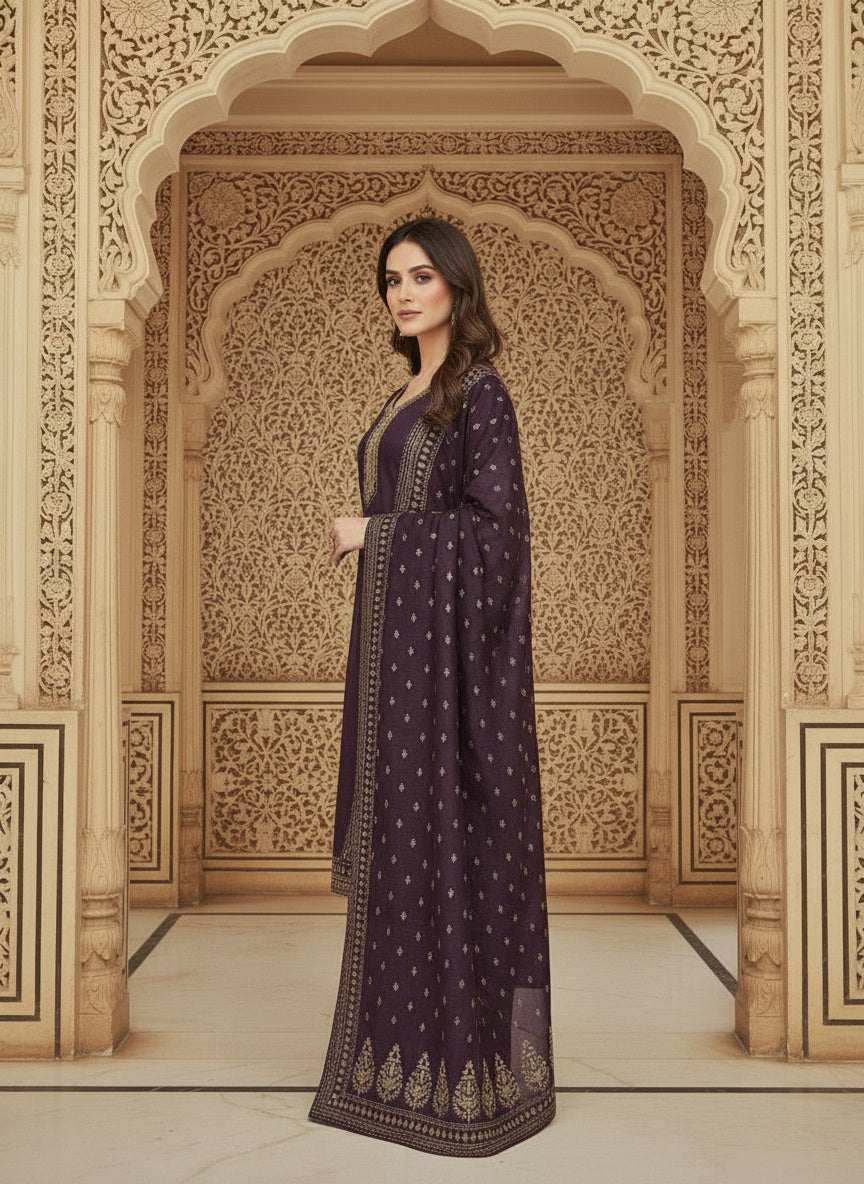 Embroidered Cotton Round Neck Straight Kurta & Trousers With Dupatta