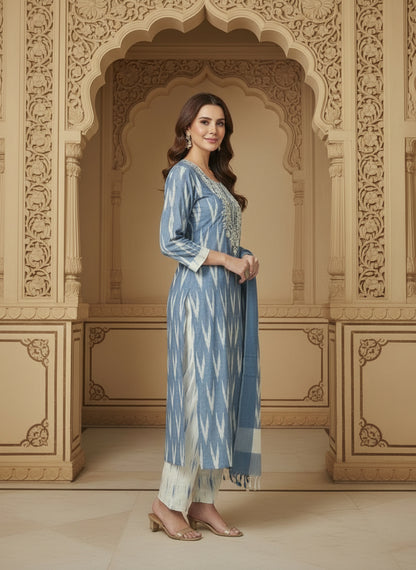 Embroidered Round Neck Straight Kurta & Trousers With Dupatta