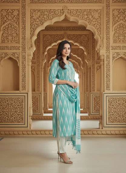 Embroidered Round Neck Straight Kurta & Trousers With Dupatta